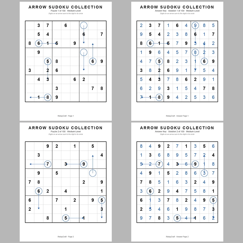 Suooku Puzzle Arrow Sudoku 100 Puzzle Pages + 100 Answer Key Pages