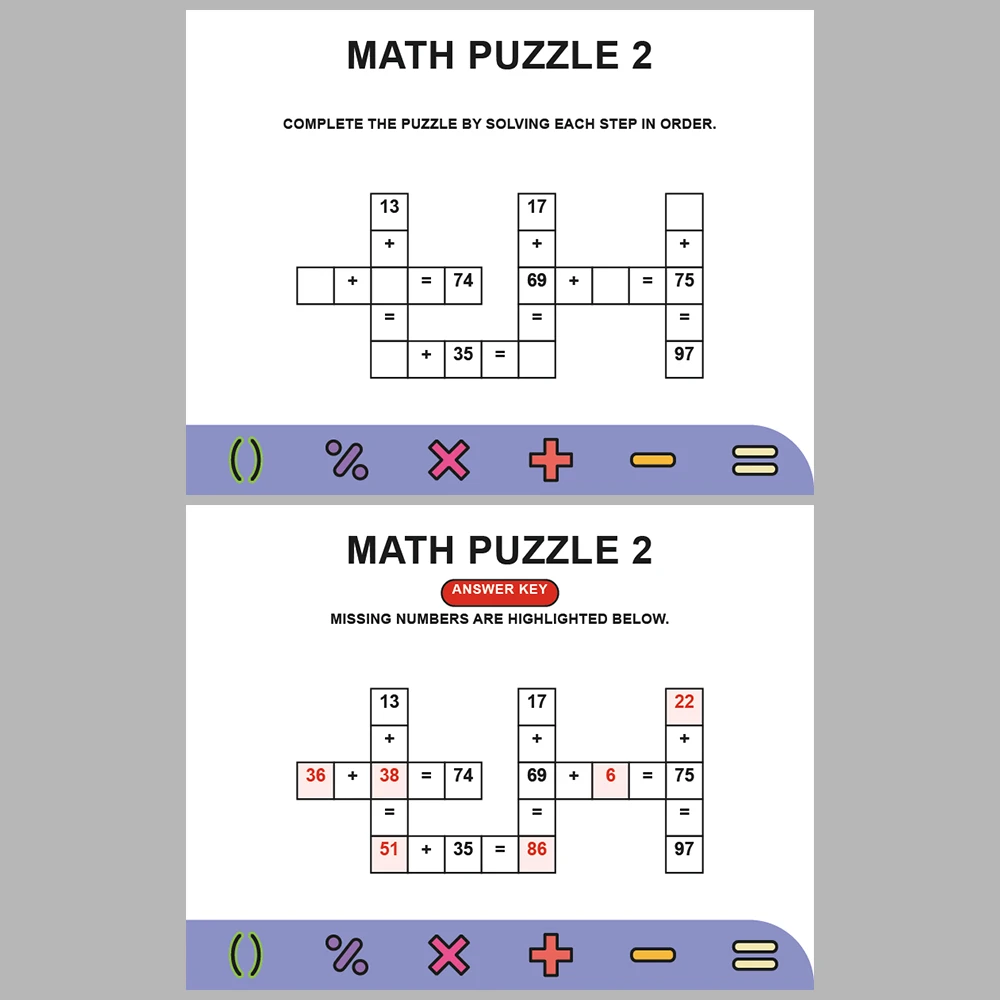 Math Puzzle Addition 10 Puzzle Pages + 10 Answer Key Pages (Vol. 5)