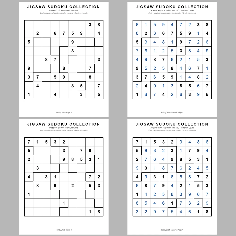 Sudoku Puzzle Jigsaw Sudoku 100 Puzzle Pages + 100 Answer Key Pages
