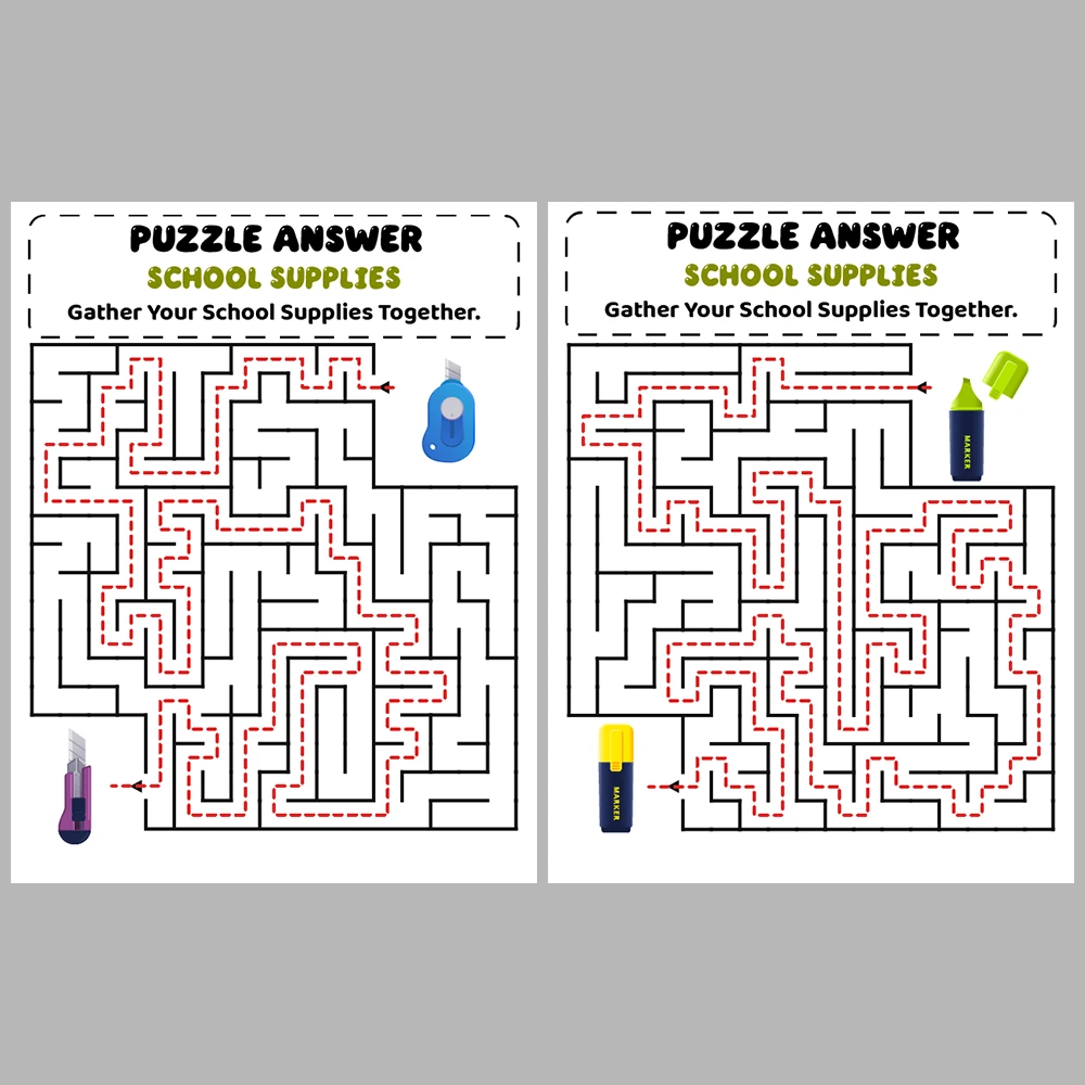 School Supplies Kids Maze Puzzle 10 Pages of Puzzles