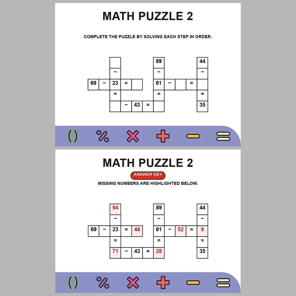 Math Puzzle Subtraction 10 Puzzle Pages + 10 Answer Key Pages (Vol. 2)
