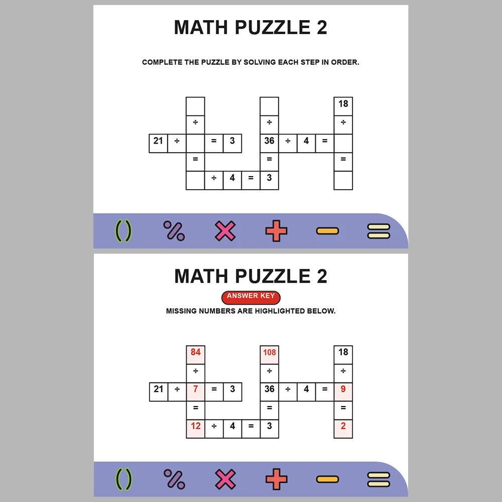 Math Puzzle Division 10 Puzzle Pages + 10 Answer Key Pages (Vol. 3)