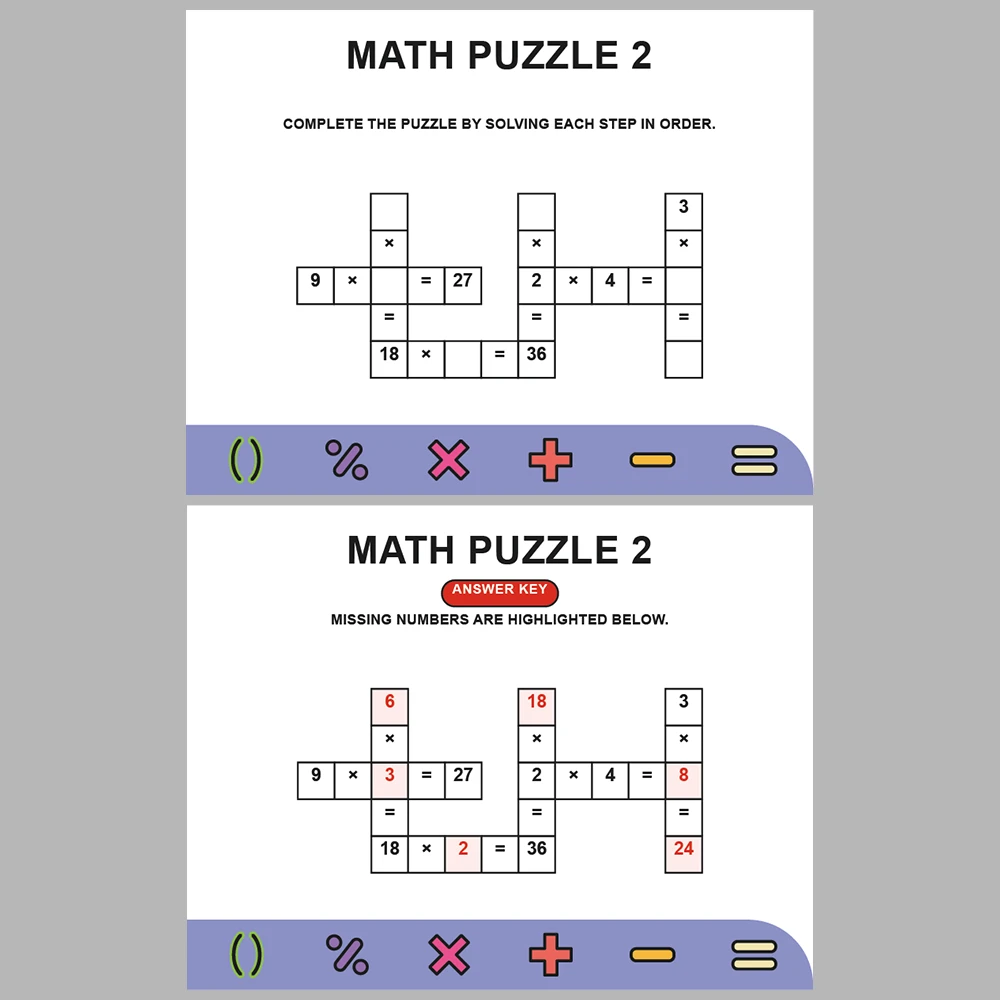 Math Puzzle Multiplication 10 Puzzle Pages + 10 Answer Key Pages (Vol. 7)