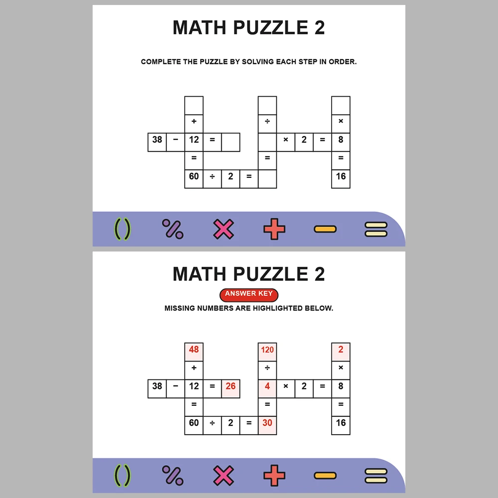 Math Puzzle Four Operations 10 Puzzle Pages + 10 Answer Key Pages (Vol. 15)