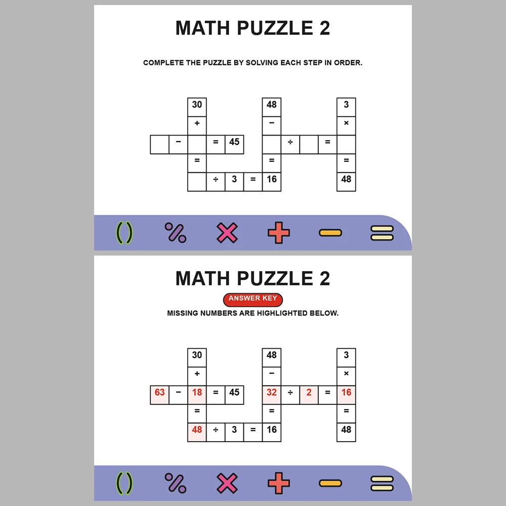 Math Puzzle Four Operations 10 Puzzle Pages + 10 Answer Key Pages (Vol. 13)