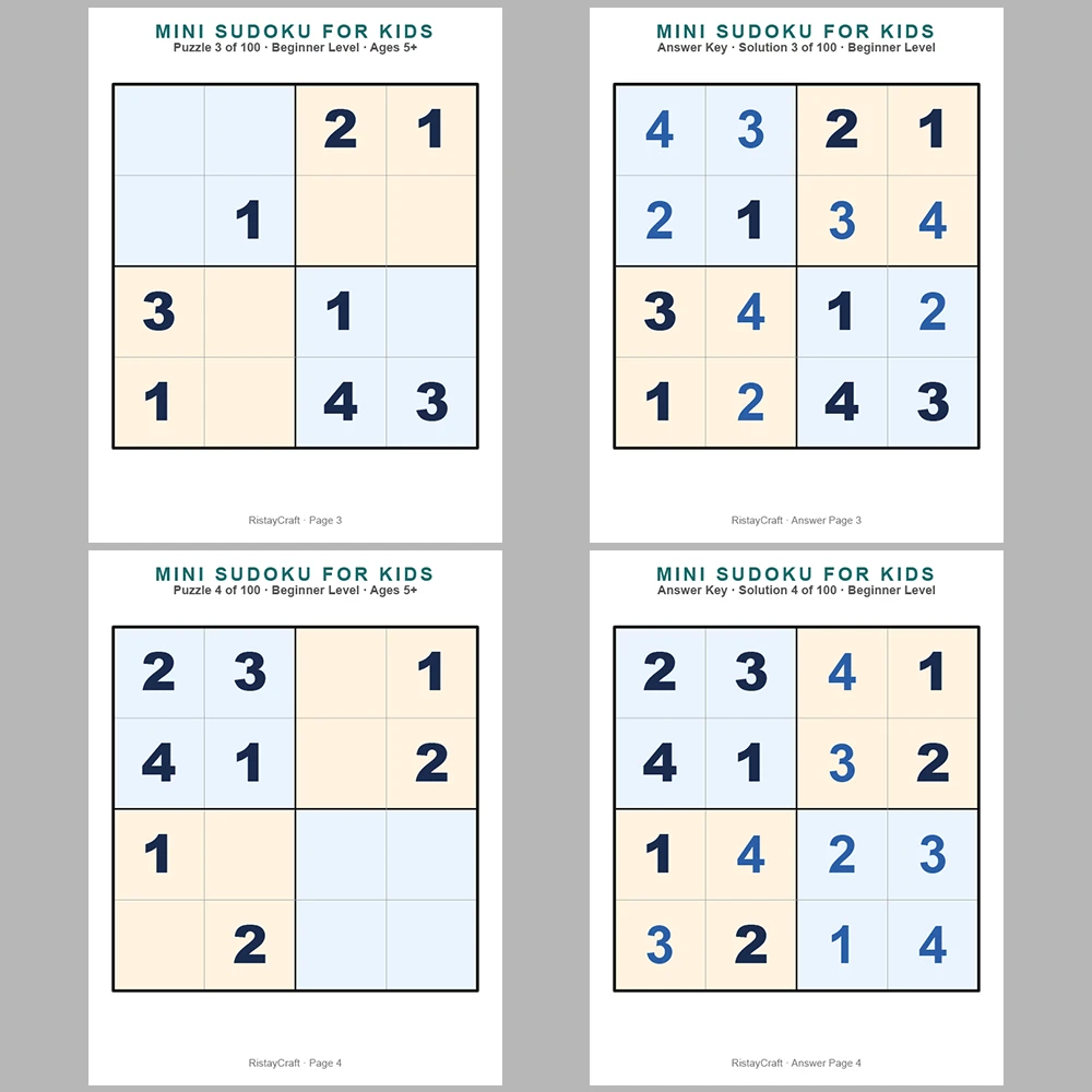 Mini Sudoku Puzzle for Kids 100 Puzzle Pages + 100 Answer Key Pages