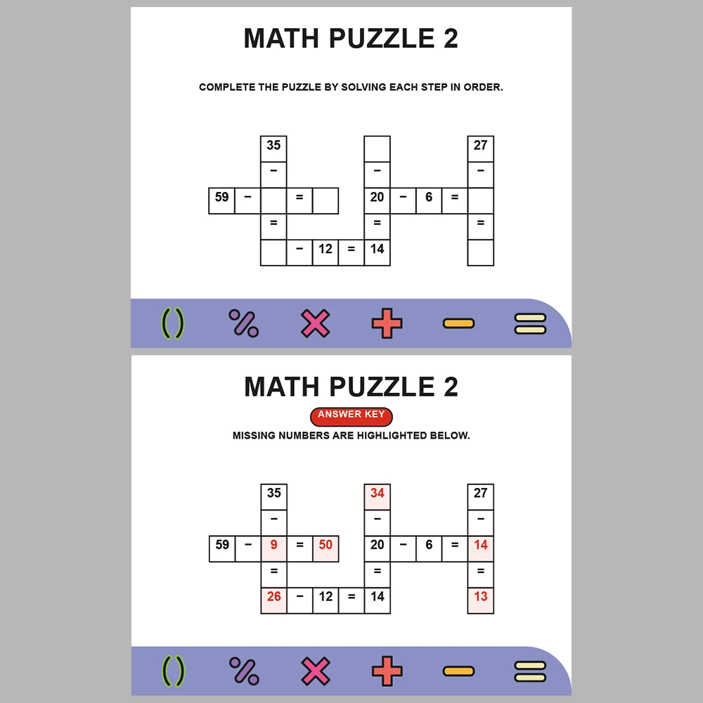 Math Puzzle Subtraction 10 Puzzle Pages + 10 Answer Key Pages (Vol. 8)