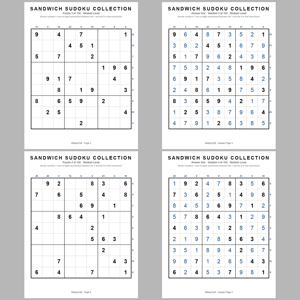 Suooku Puzzle Sandwich Sudoku 100 Puzzle Pages + 100 Answer Key Pages