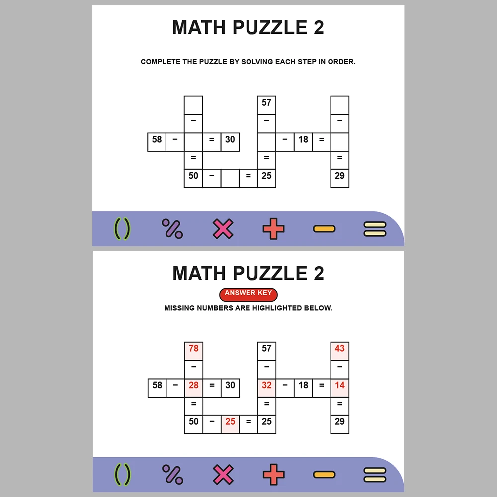 Math Puzzle Subtraction 10 Puzzle Pages + 10 Answer Key Pages (Vol. 9)