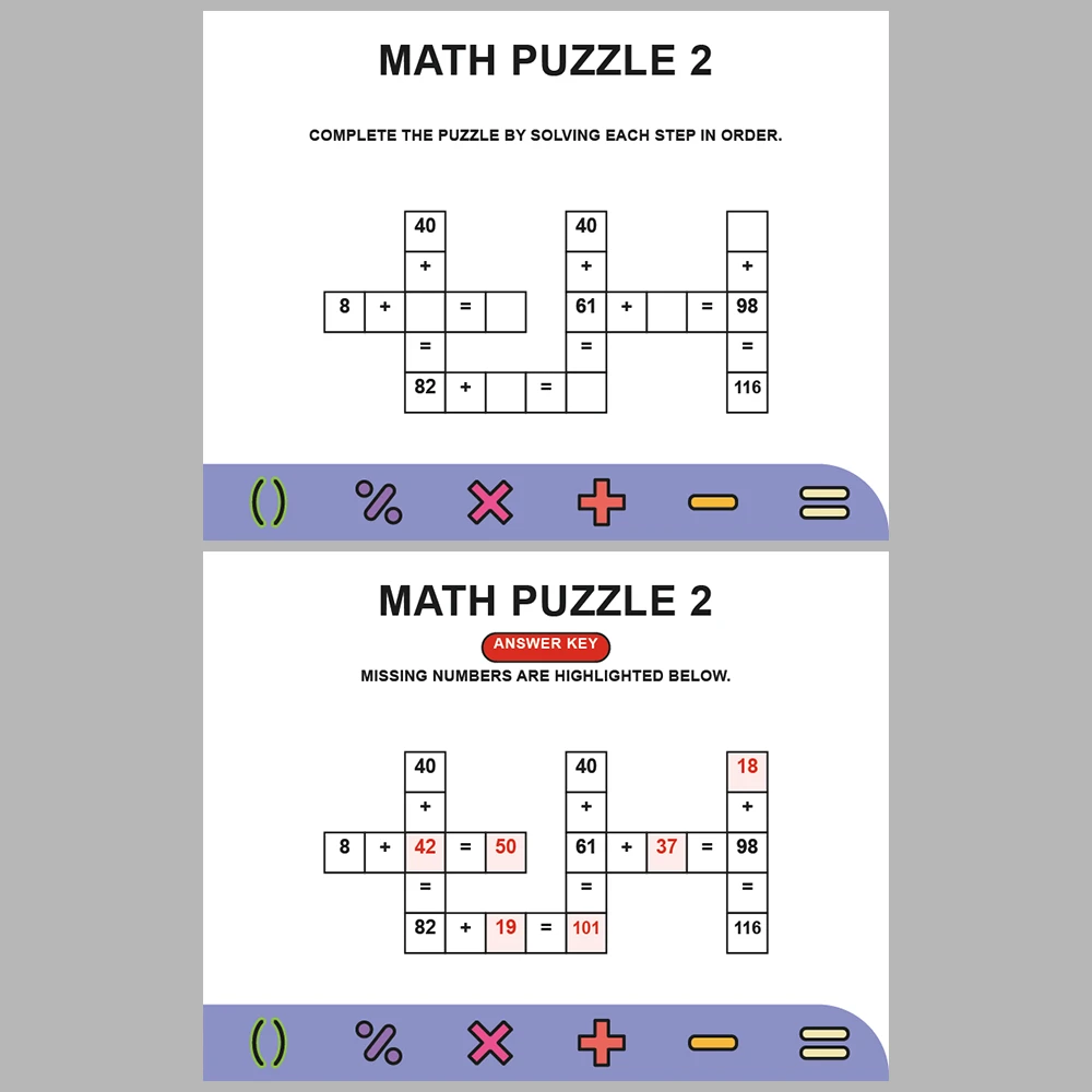 Math Puzzle Addition 10 Puzzle Pages + 10 Answer Key Pages (Vol. 8)