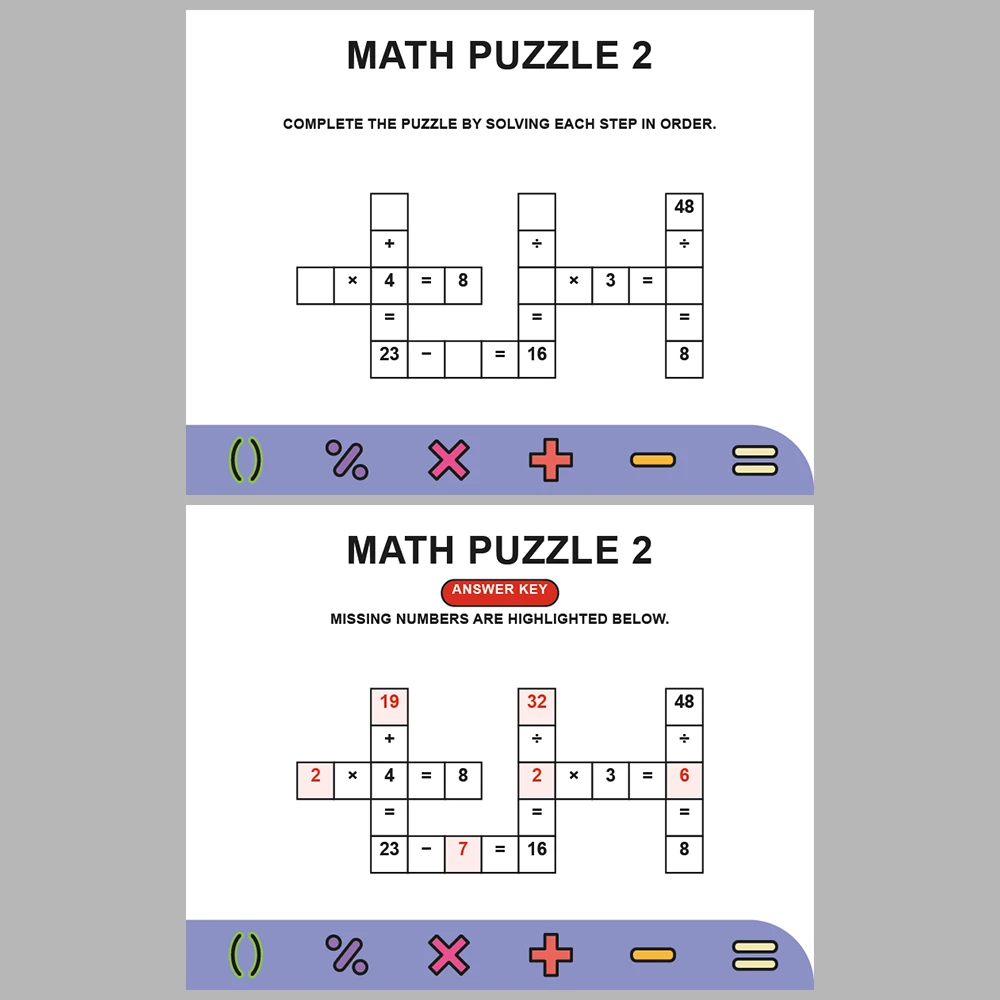 Math Puzzle Four Operations 10 Puzzle Pages + 10 Answer Key Pages (Vol. 8)