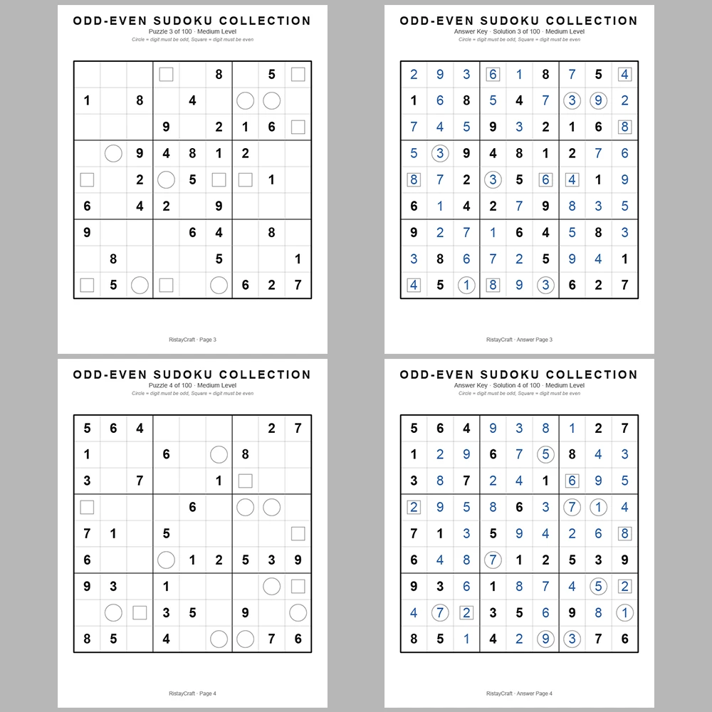 Sudoku Puzzle Odd-even Sudoku 100 Puzzle Pages + 100 Answer Key Pages