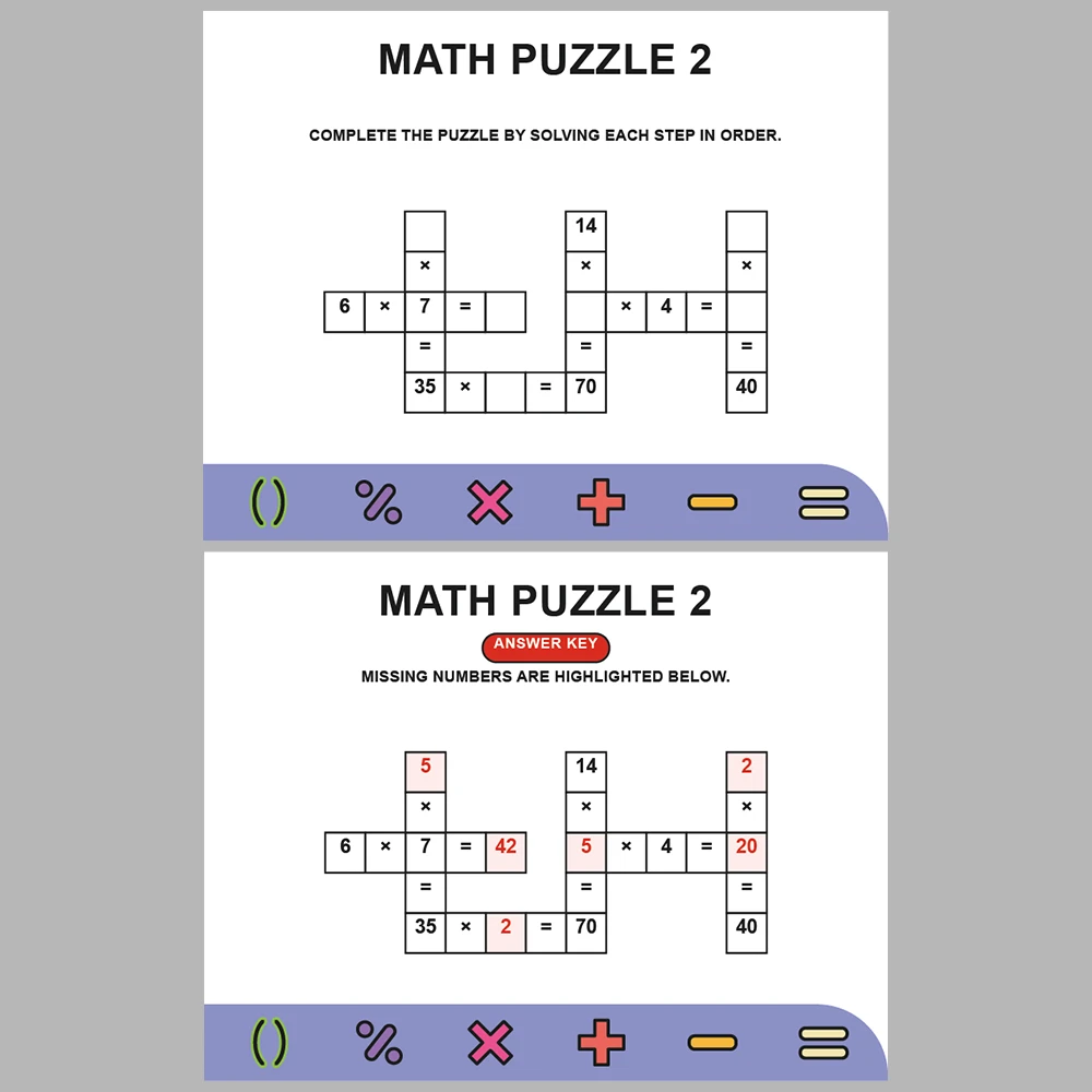 Math Puzzle Multiplication 10 Puzzle Pages + 10 Answer Key Pages (Vol. 1)
