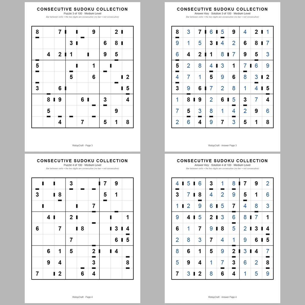 Sudoku Puzzle Consecutive Sudoku 100 Puzzle Pages + 100 Answer Key Pages