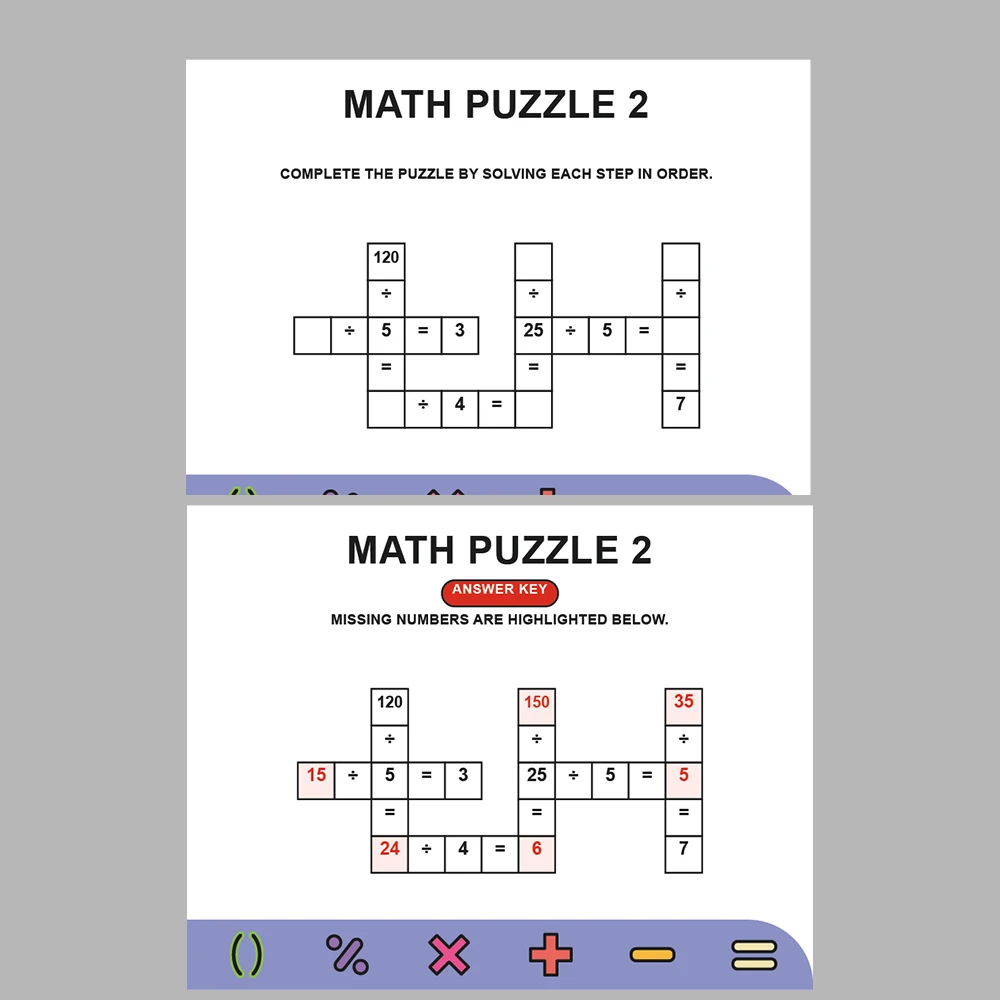 Math Puzzle Division 10 Puzzle Pages + 10 Answer Key Pages (Vol. 8)