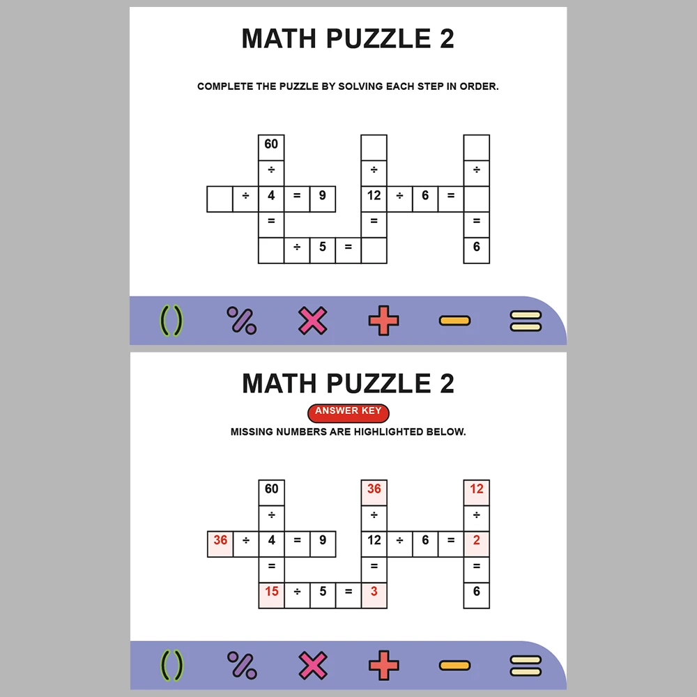 Math Puzzle Division 10 Puzzle Pages + 10 Answer Key Pages (Vol. 6)