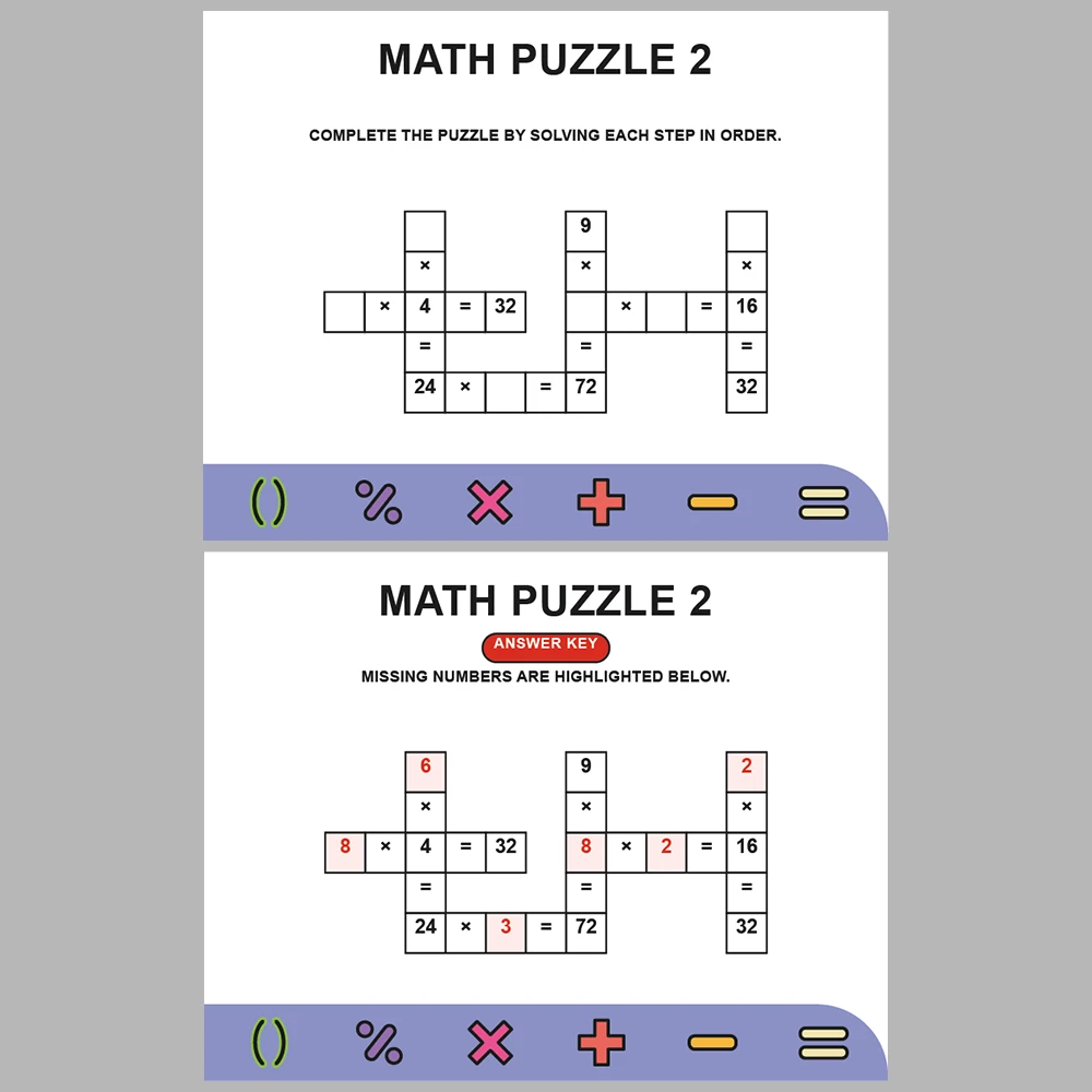 Math Puzzle Multiplication 10 Puzzle Pages + 10 Answer Key Pages (Vol. 8)