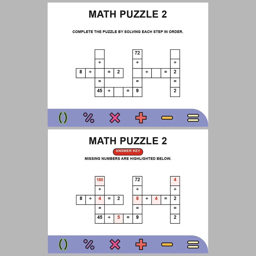 Math Puzzle Division 10 Puzzle Pages + 10 Answer Key Pages (Vol. 7)