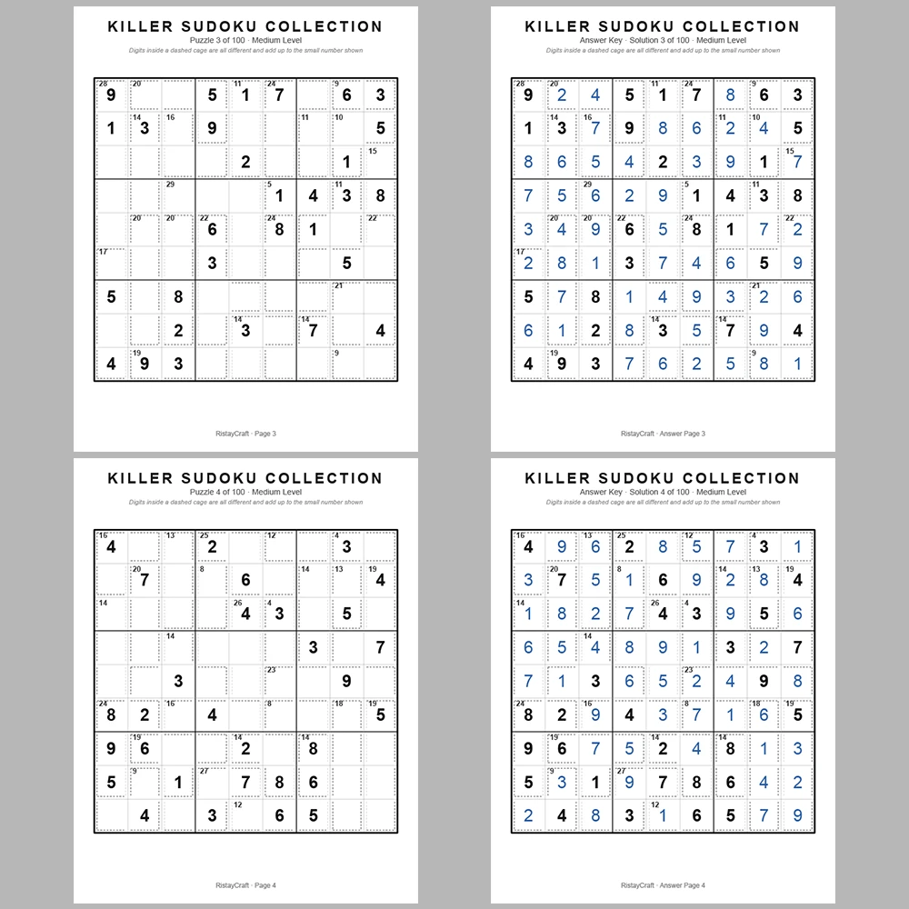 Sudoku Puzzle Killer Sudoku 100 Puzzle Pages + 100 Answer Key Pages