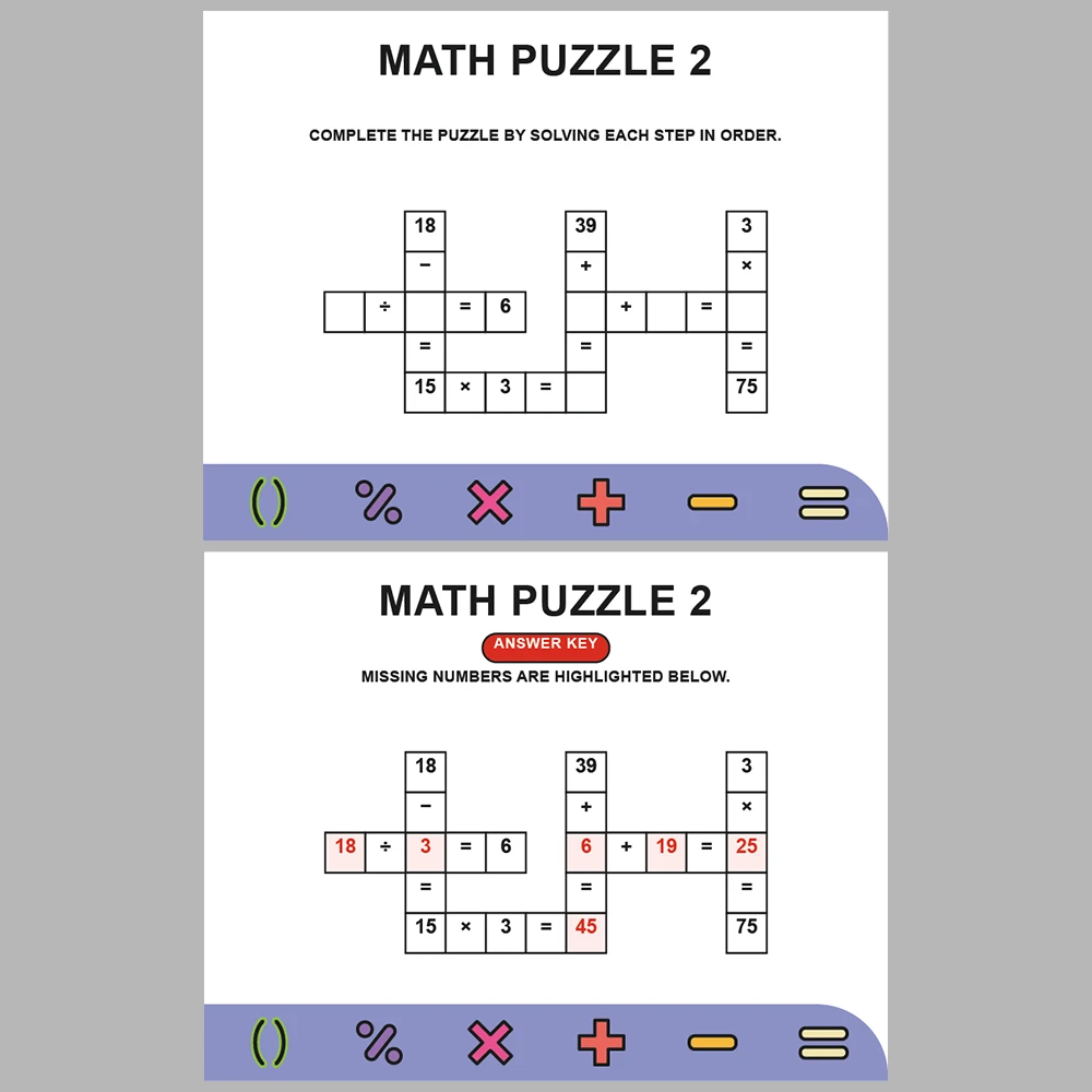 Math Puzzle Four Operations 10 Puzzle Pages + 10 Answer Key Pages (Vol. 5)