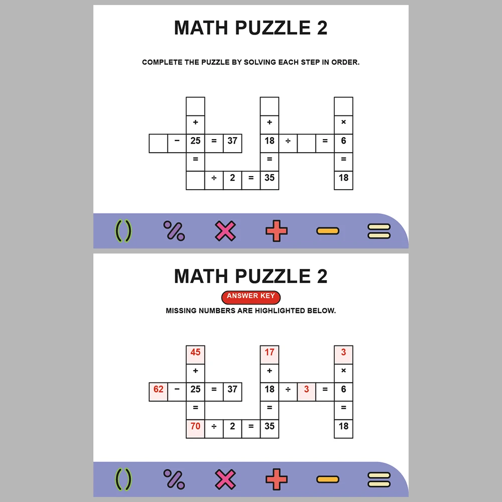 Math Puzzle Four Operations 10 Puzzle Pages + 10 Answer Key Pages (Vol. 16)