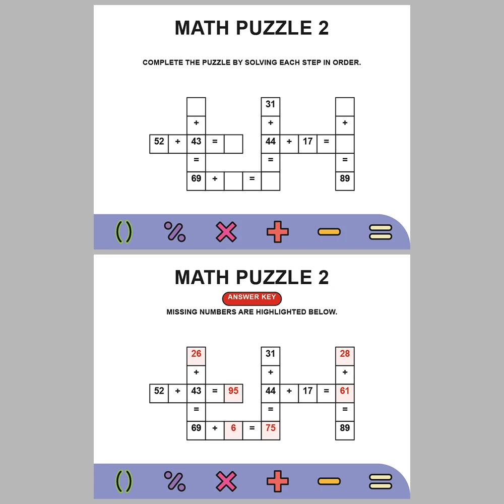 Math Puzzle Addition 10 Puzzle Pages + 10 Answer Key Pages (Vol. 9)