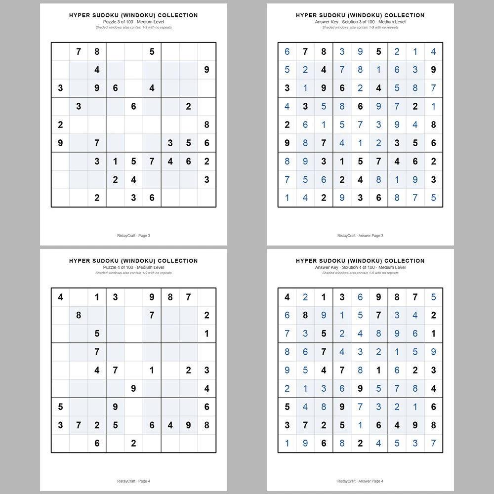 Sudoku Puzzle Hyper Sudoku 100 Puzzle Pages + 100 Answer Key Pages