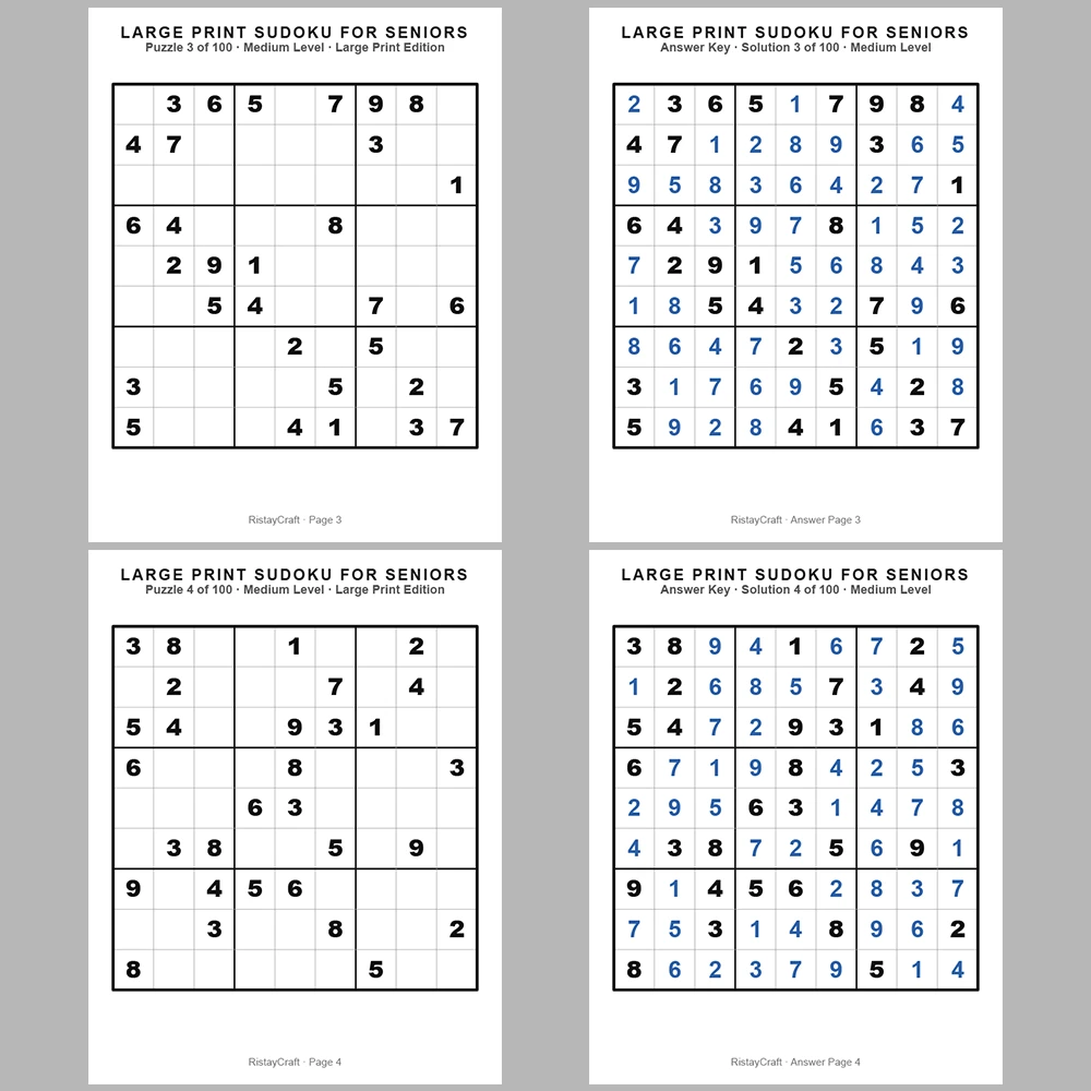 Sudoku Puzzle Senior – Medium 100 Puzzle Pages + 100 Answer Key Pages