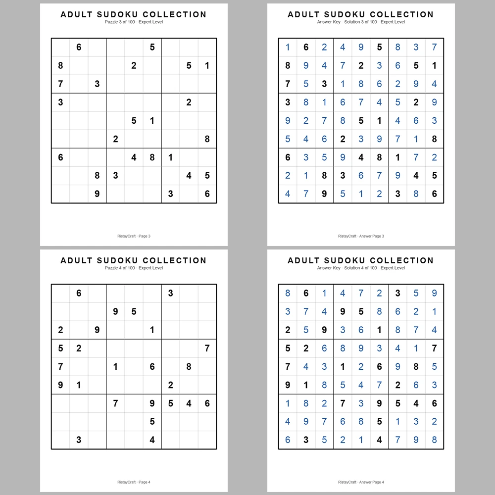 Sudoku Puzzle Adult Expert 100 Puzzle Pages + 100 Answer Key Pages