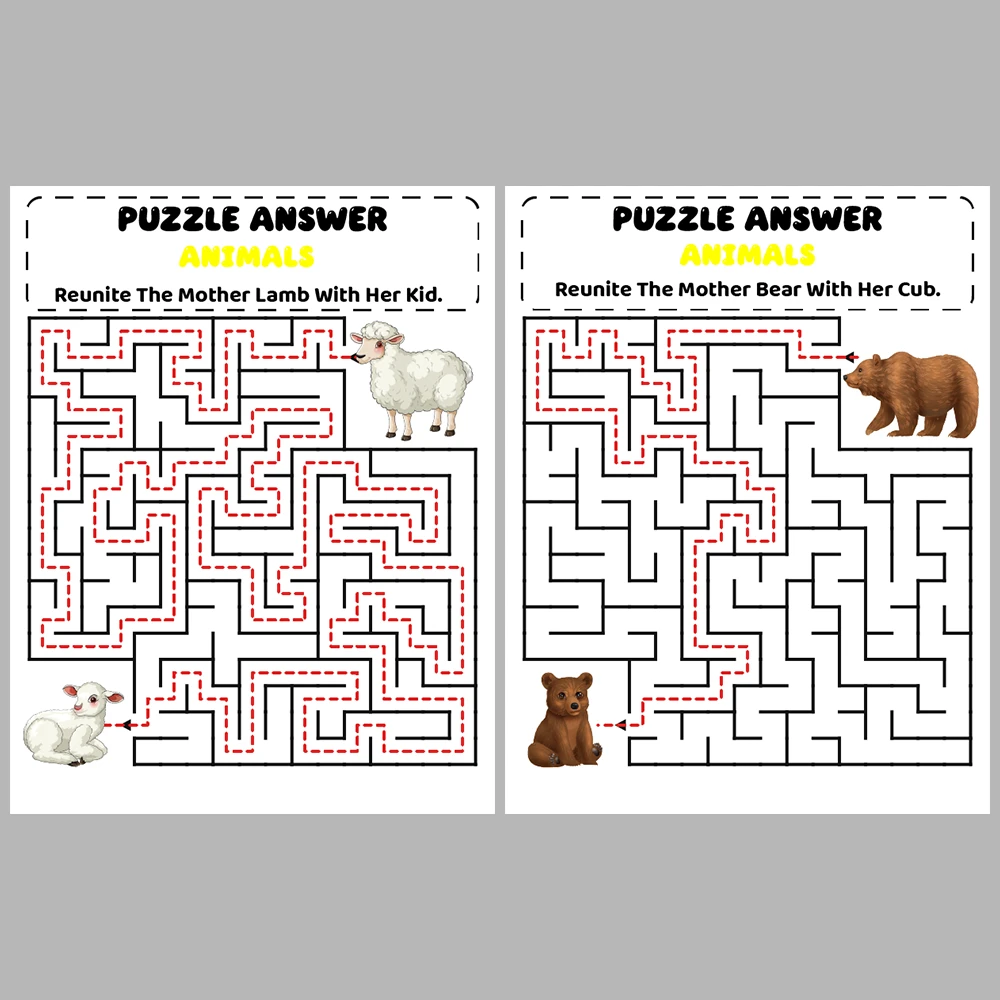 Mother and Baby Animal Kids Maze Puzzle 10 Pages of Puzzles