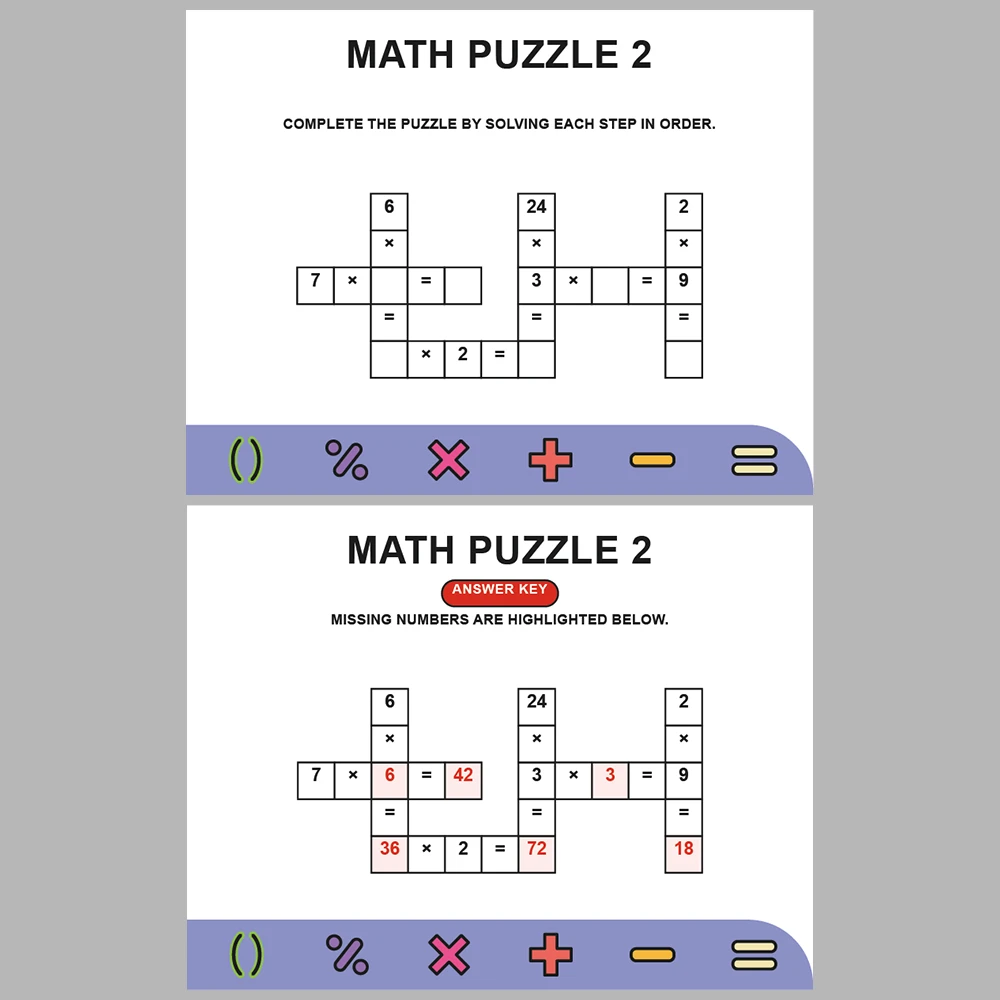 Math Puzzle Multiplication 10 Puzzle Pages + 10 Answer Key Pages (Vol. 6)