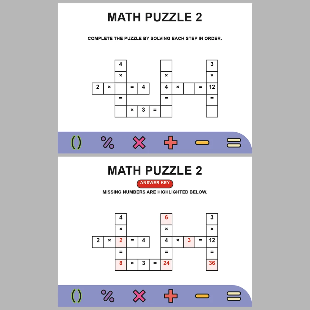 Math Puzzle Multiplication 10 Puzzle Pages + 10 Answer Key Pages (Vol. 3)