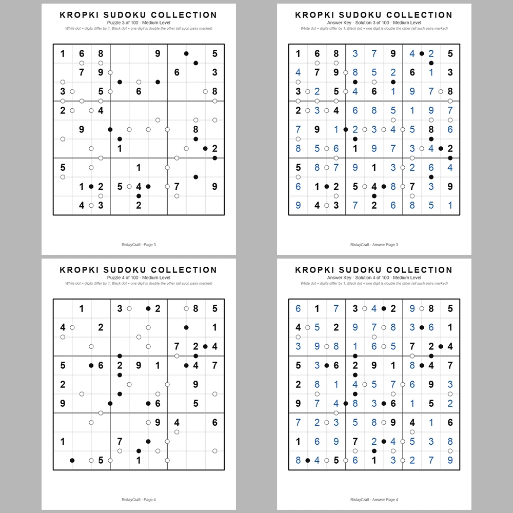 Sudoku Puzzle Kropki Sudoku 100 Puzzle Pages + 100 Answer Key Pages
