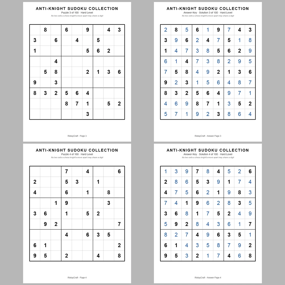 Sudoku Puzzle Anti-knight Sudoku 100 Puzzle Pages + 100 Answer Key Pages