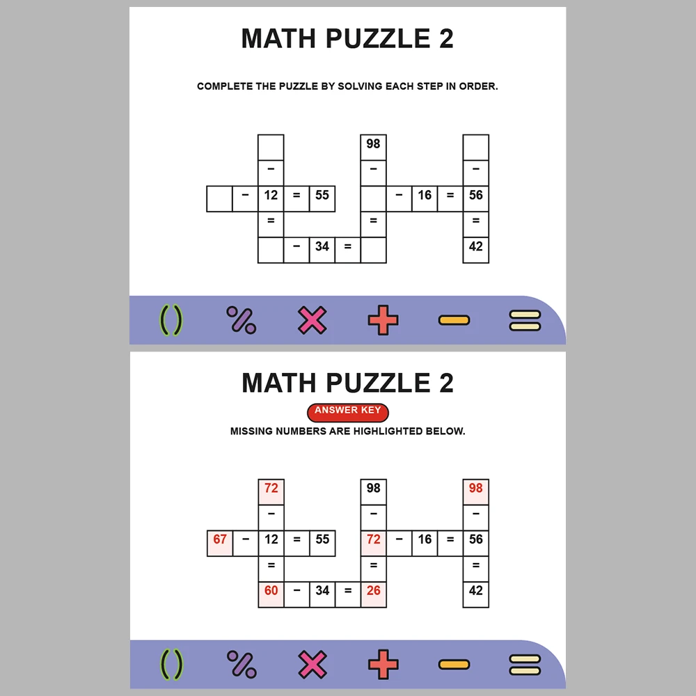 Math Puzzle Subtraction 10 Puzzle Pages + 10 Answer Key Pages (Vol. 3)
