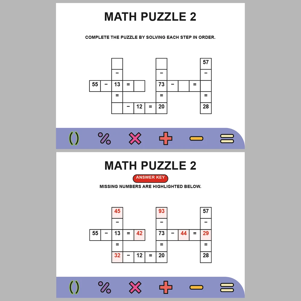 Math Puzzle Subtraction 10 Puzzle Pages + 10 Answer Key Pages (Vol. 5)