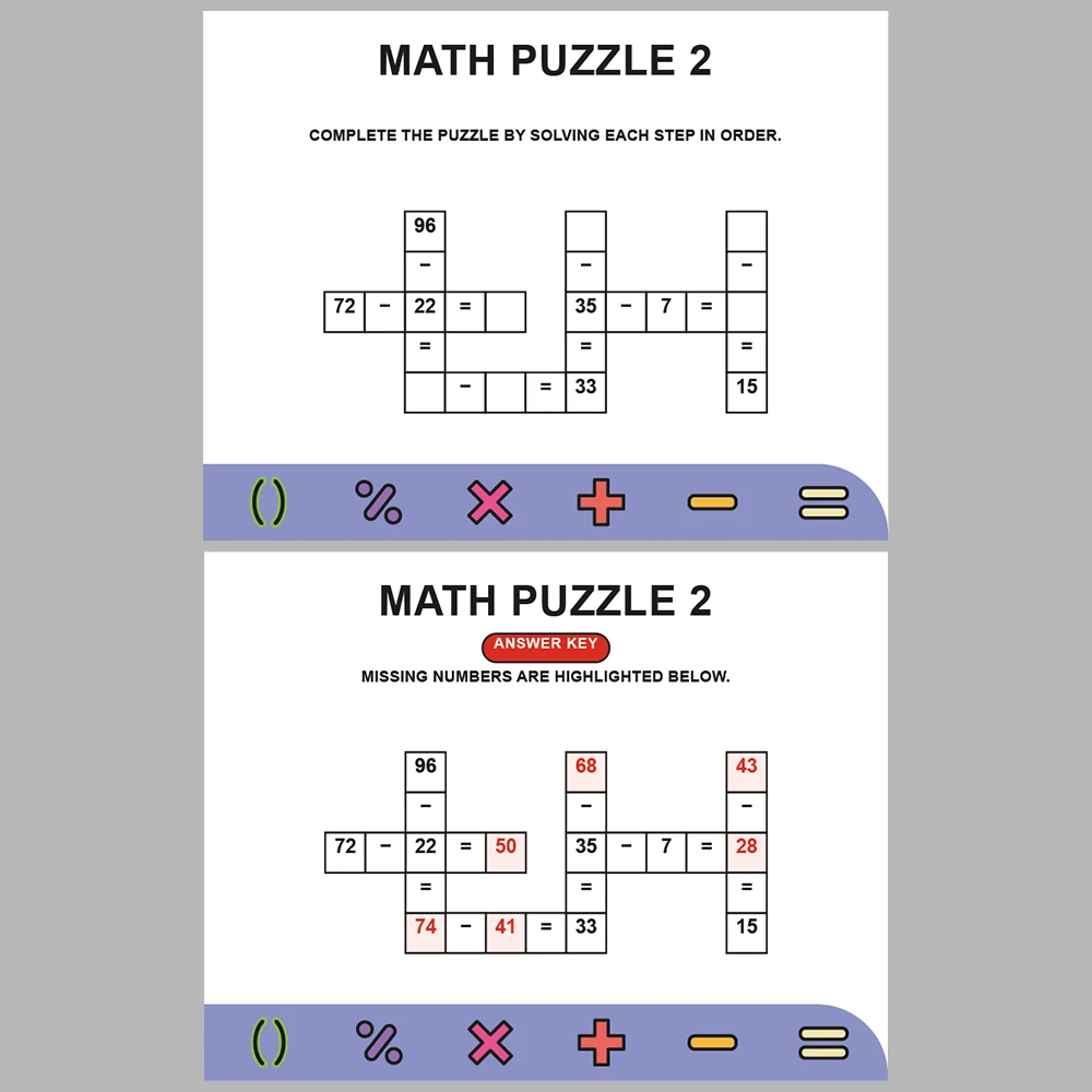 Math Puzzle Subtraction 10 Puzzle Pages + 10 Answer Key Pages (Vol. 7)