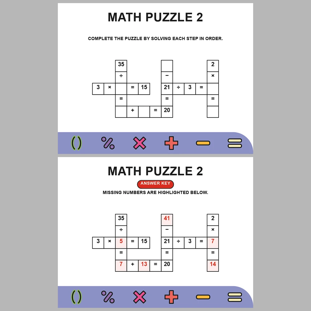 Math Puzzle Four Operations 10 Puzzle Pages + 10 Answer Key Pages (Vol. 11)