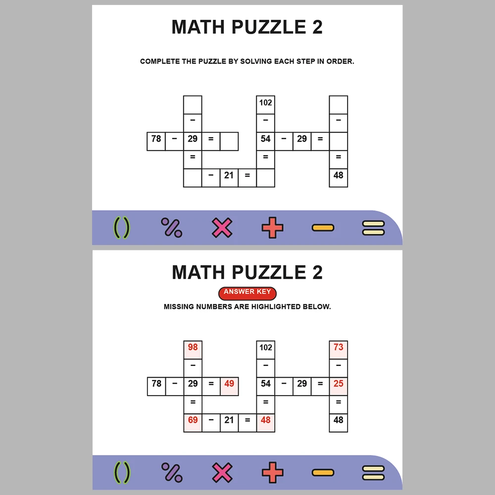 Math Puzzle Subtraction 10 Puzzle Pages + 10 Answer Key Pages (Vol. 4)