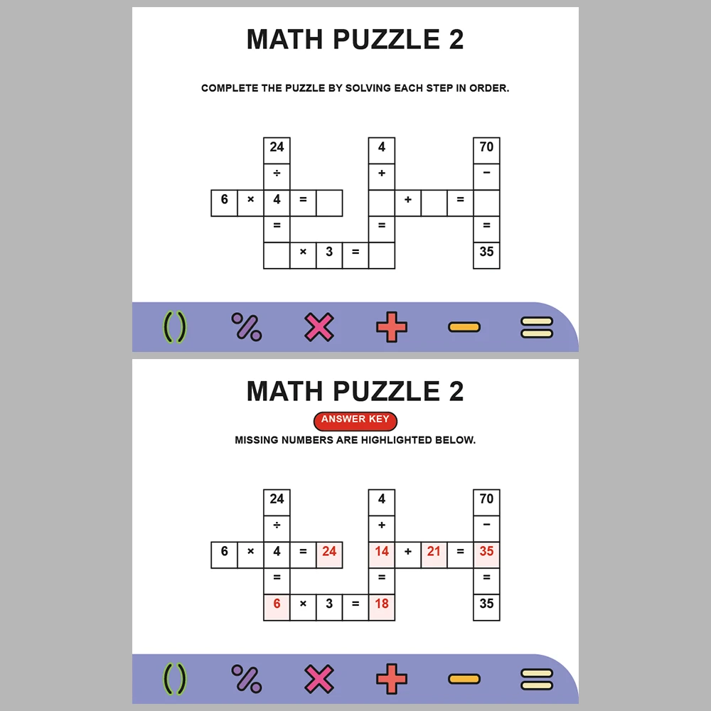 Math Puzzle Four Operations 10 Puzzle Pages + 10 Answer Key Pages (Vol. 14)