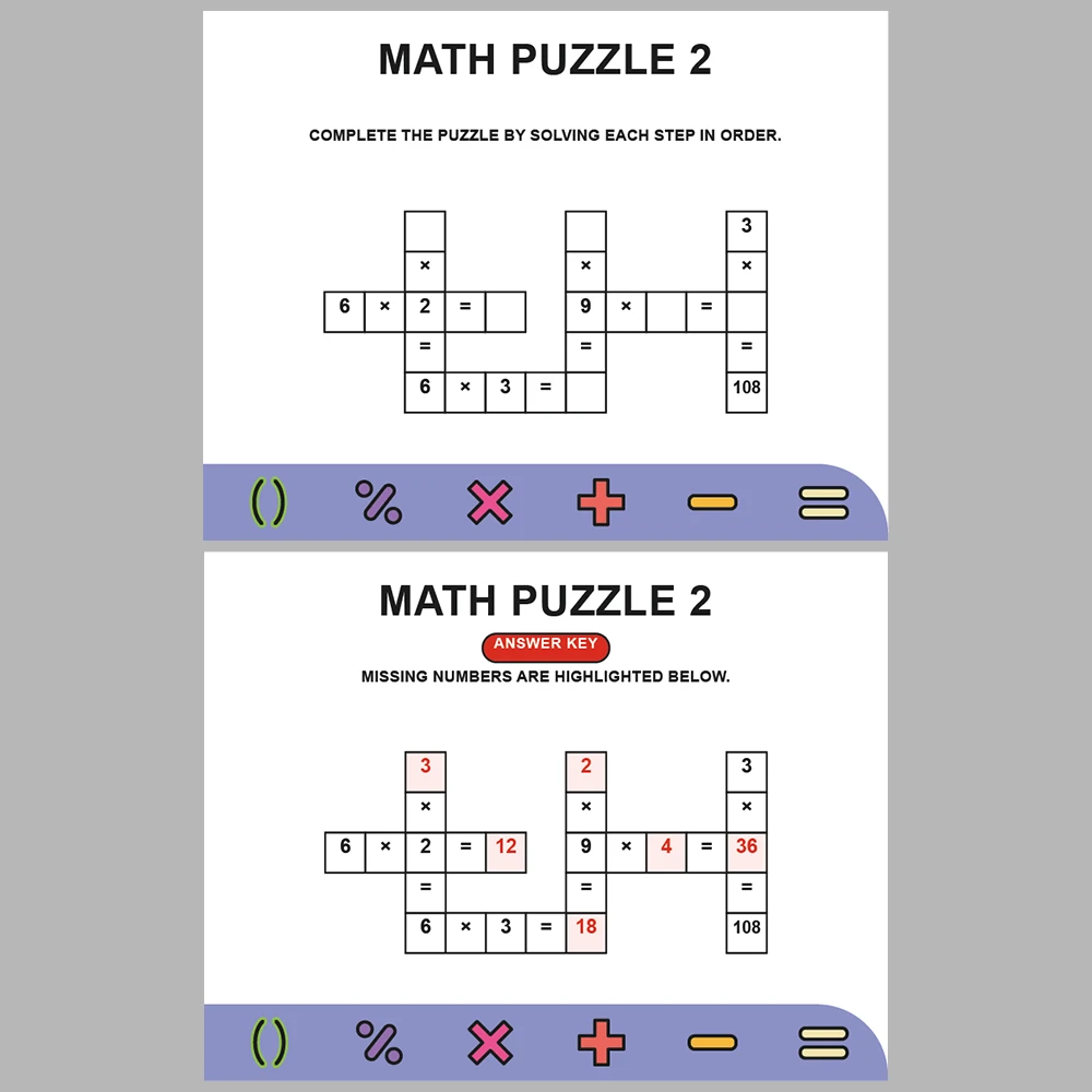 Math Puzzle Multiplication 10 Puzzle Pages + 10 Answer Key Pages (Vol. 5)