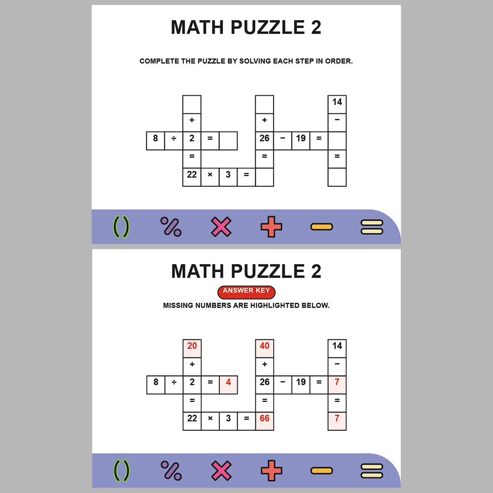Math Puzzle Four Operations 10 Puzzle Pages + 10 Answer Key Pages (Vol. 1)