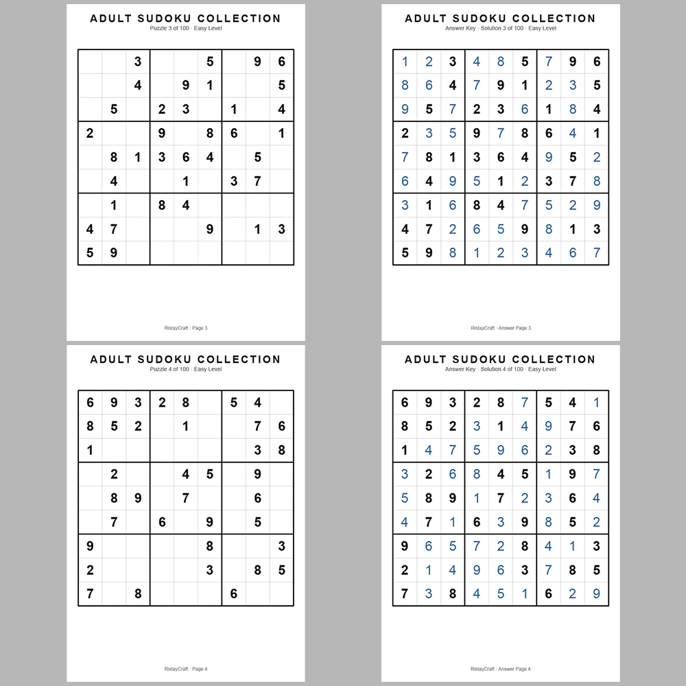 Sudoku Puzzle Adult Easy 100 Puzzle Pages + 100 Answer Key Pages