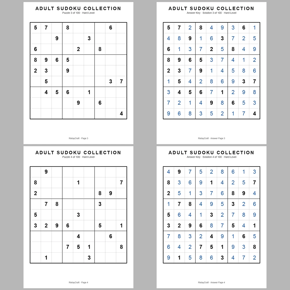 Sudoku Puzzle Adult Hard 100 Puzzle Pages + 100 Answer Key Pages