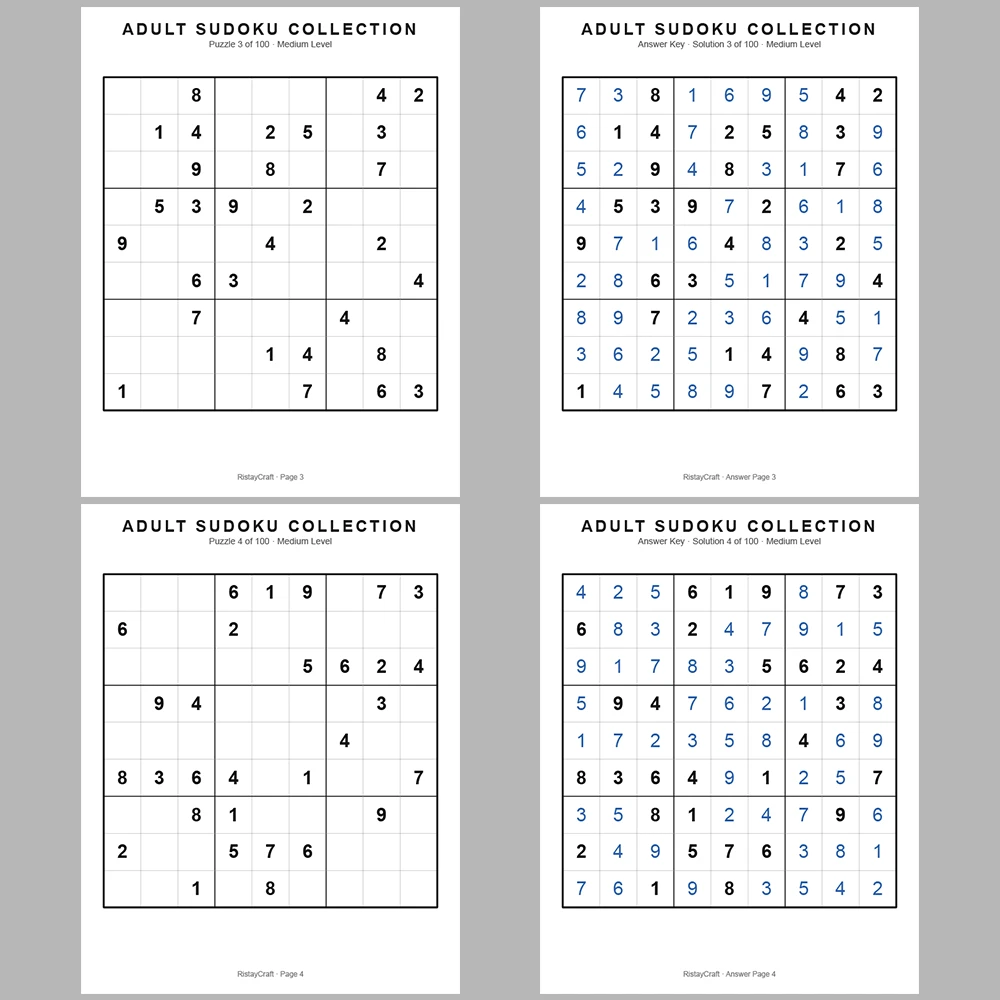 Sudoku Puzzle Adult Medium 100 Puzzle Pages + 100 Answer Key Pages