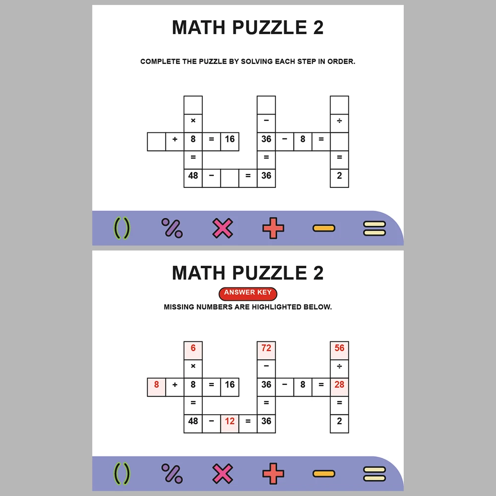 Math Puzzle Four Operations 10 Puzzle Pages + 10 Answer Key Pages (Vol. 9)
