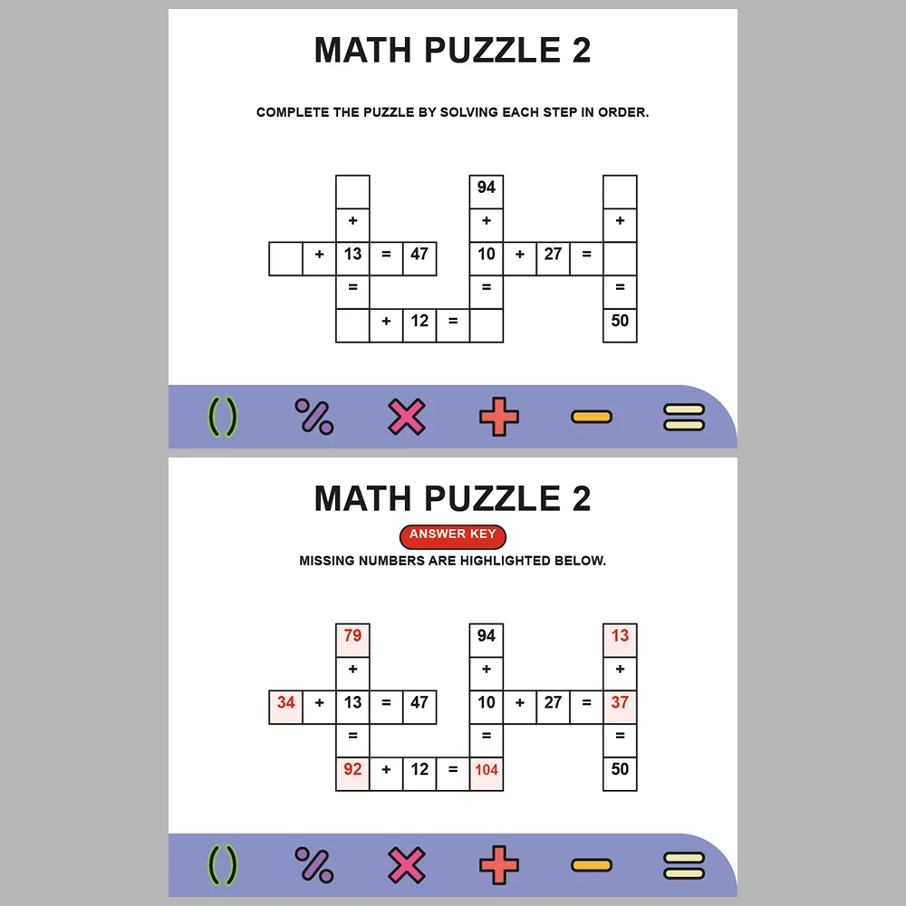 Math Puzzle Addition 10 Puzzle Pages + 10 Answer Key Pages (Vol. 2)