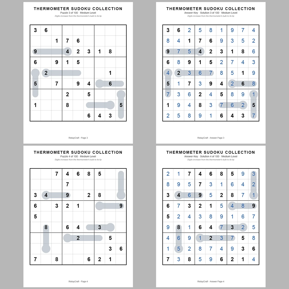 Sudoku Puzzle Thermometer Sudoku 100 Puzzle Pages + 100 Answer Key Pages