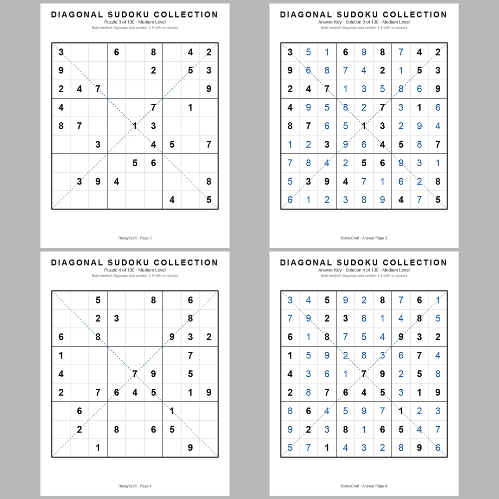 Sudoku Puzzle Diagonal Sudoku 100 Puzzle Pages + 100 Answer Key Pages