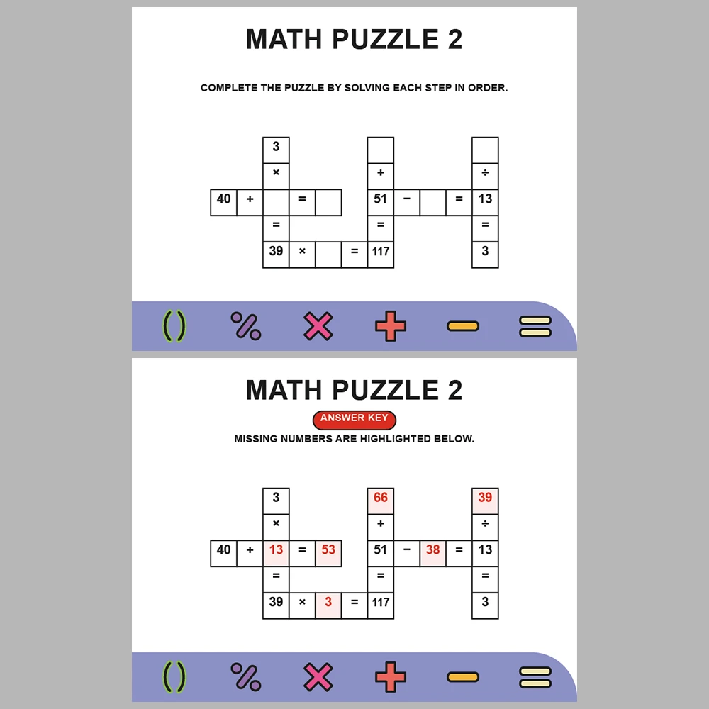 Math Puzzle Four Operations 10 Puzzle Pages + 10 Answer Key Pages (Vol. 19)